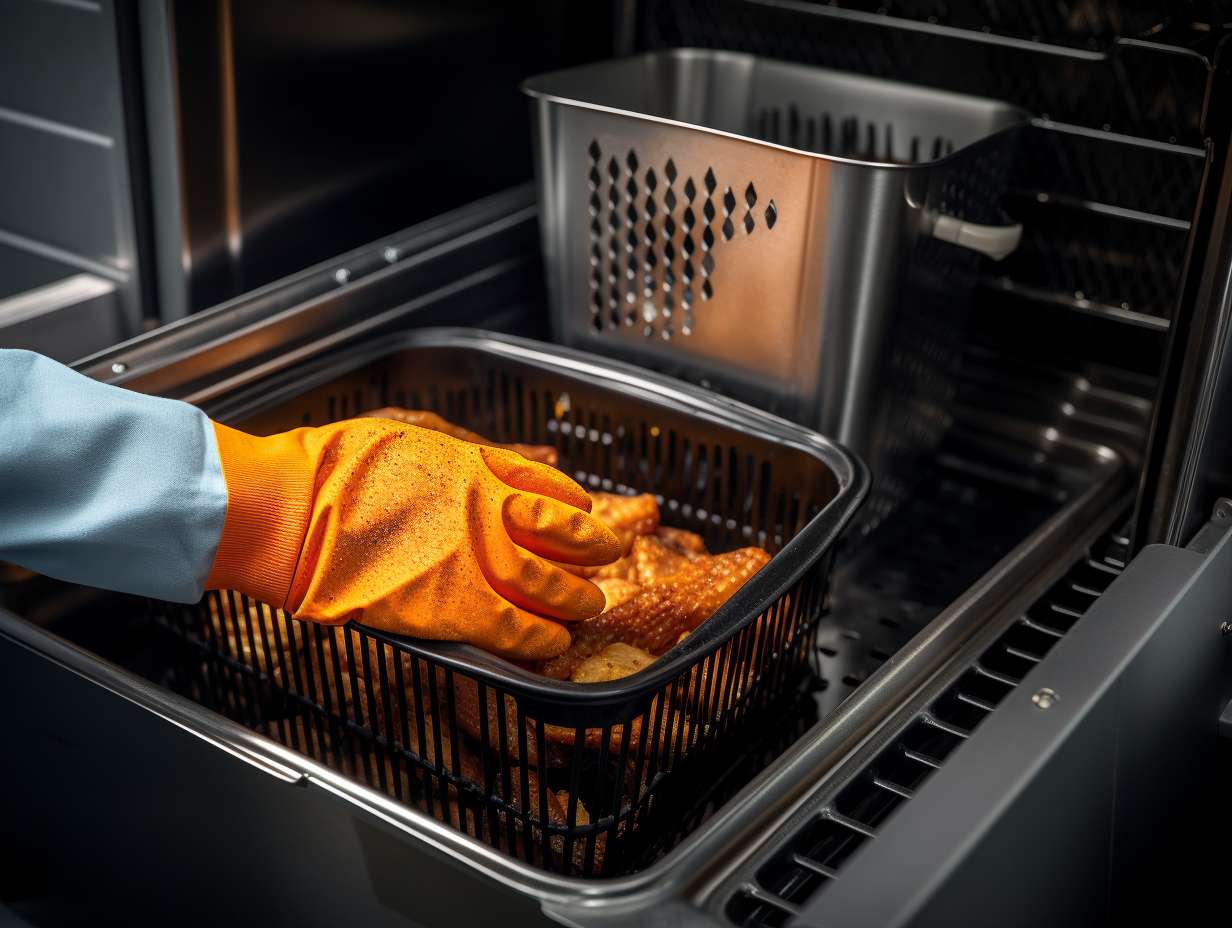 A pair of gloves delicately cleaning the detachable basket of an air fryer, while a small brush removes crumbs from the heating element, surrounded by a pristine, spotless air fryer.