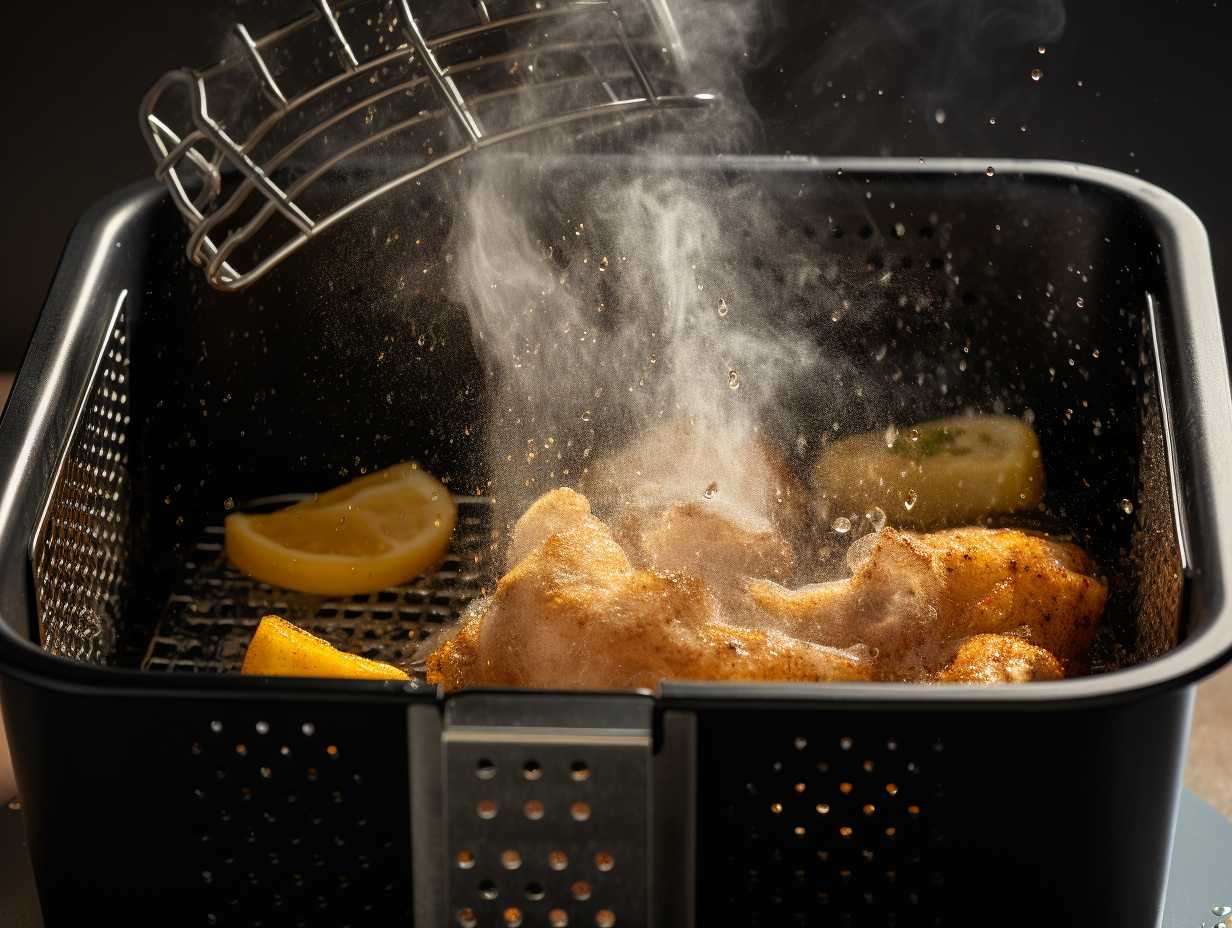 Step-by-step process of soaking the air fryer basket and pan in warm soapy water, showcasing the importance of thorough maintenance.