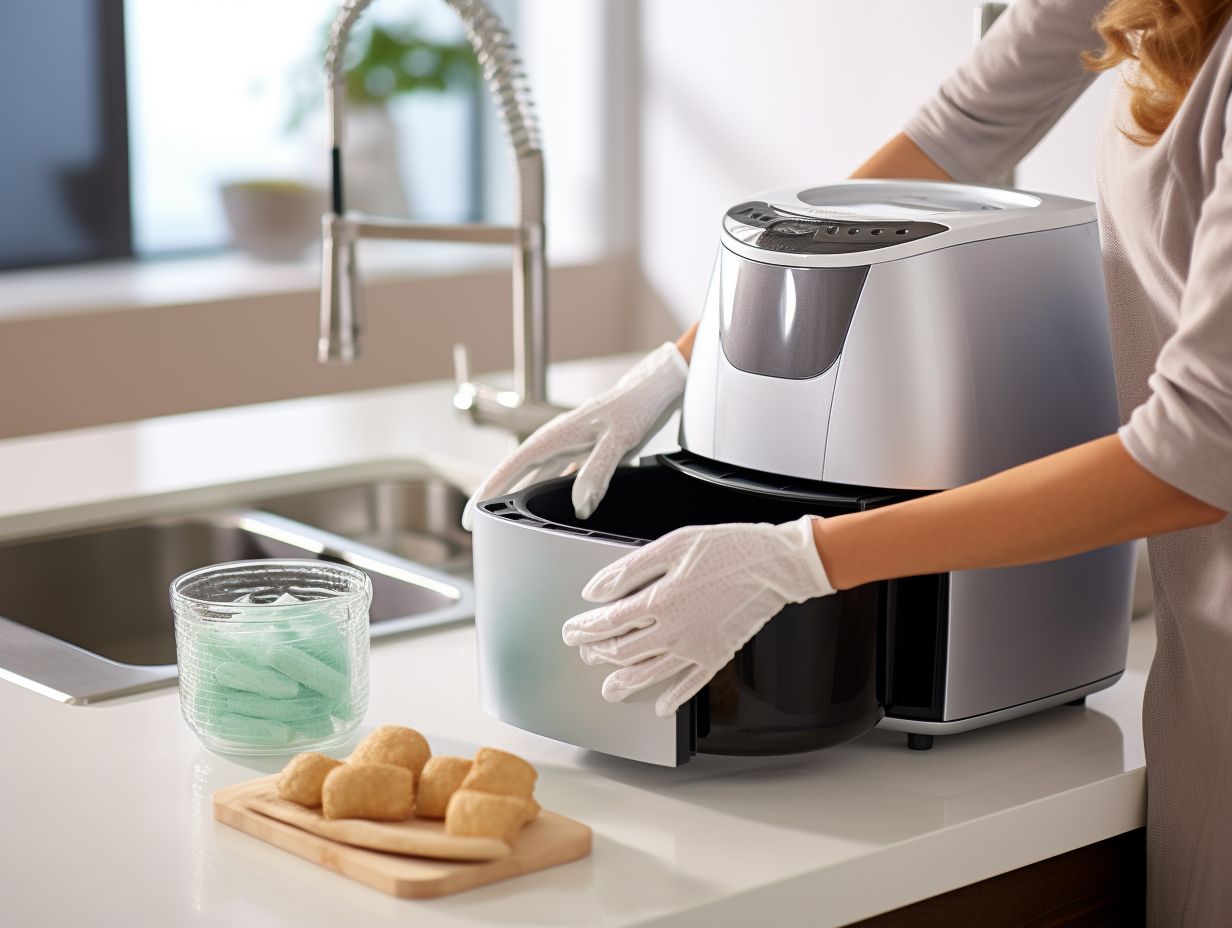 Person cleaning the interior of a sparkling clean air fryer with a soft cloth