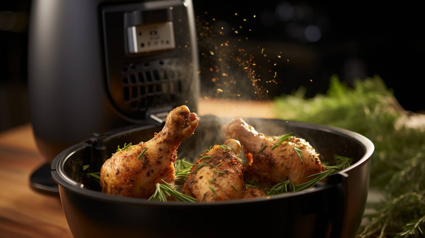 A golden-brown chicken drumstick being cooked in an air fryer, surrounded by a halo of aromatic herbs and spices, showcasing the oil-free cooking method.