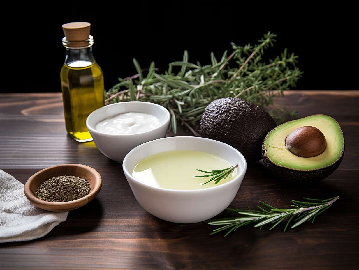 Homemade oil alternatives for air frying - mashed avocado, coconut oil, grapeseed oil, and rosemary sprig.