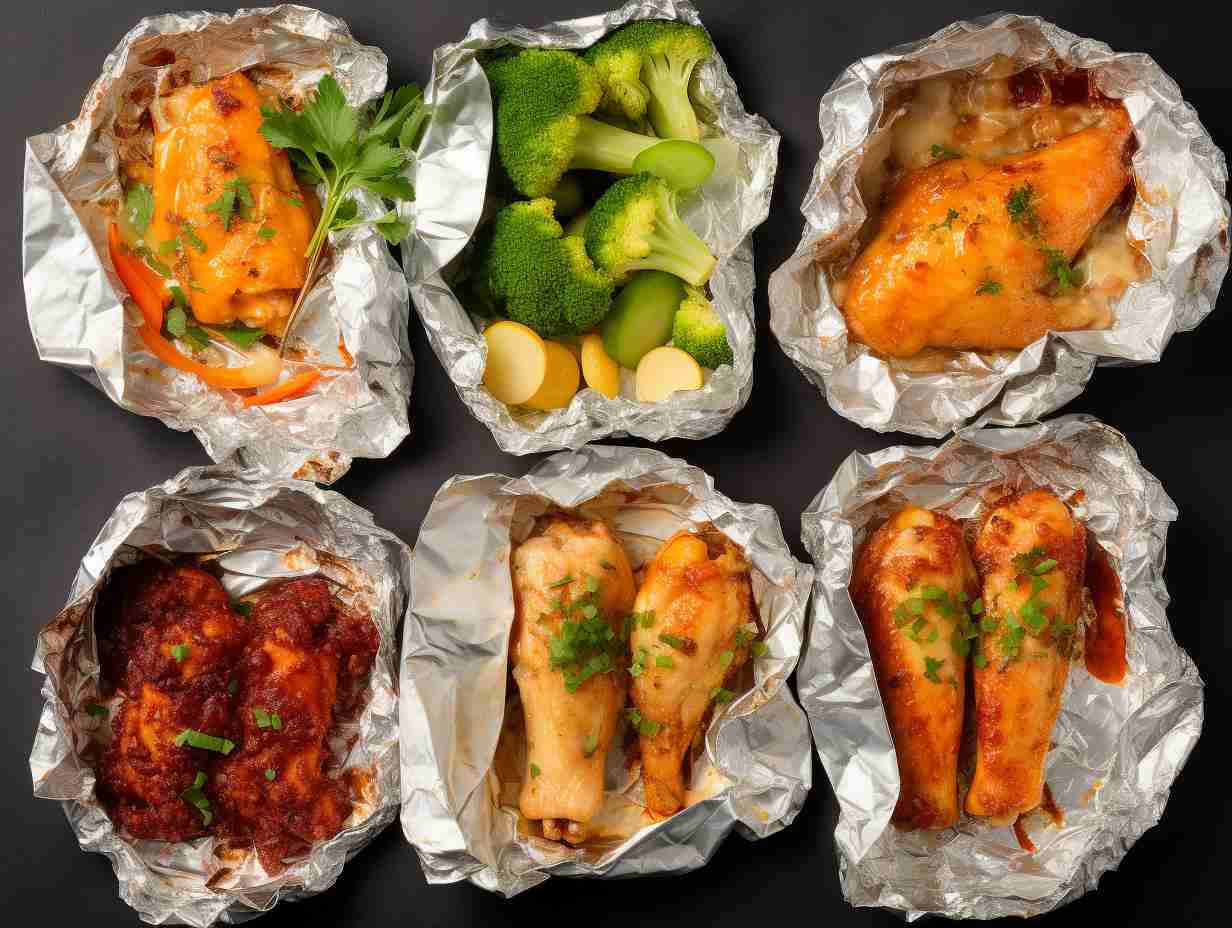 A variety of food items including crispy chicken wings, baked vegetables, and delicious pastries, each wrapped in either parchment paper or aluminum foil, showcasing their distinct textures and flavors.