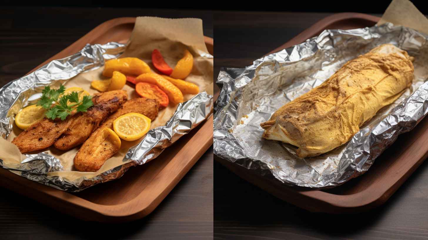 A comparison image showcasing air fryer parchment paper and aluminum foil. The parchment paper has a smooth texture and a light beige color, while the aluminum foil has a shiny texture and a silver color. Both are shown being used in an air fryer.