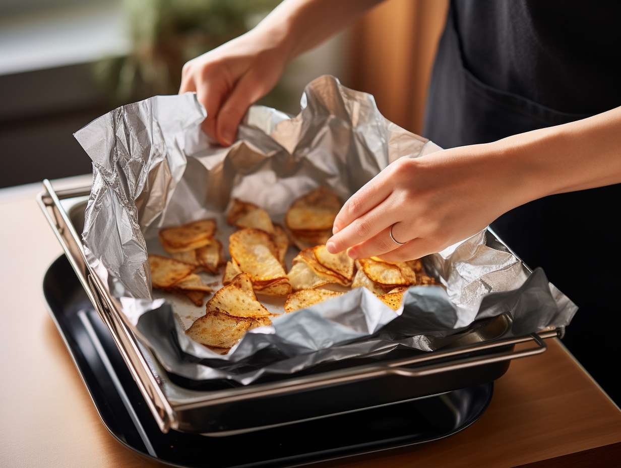 A hand smoothly placing parchment paper in an air fryer basket, contrasting with another hand struggling to handle crumpled aluminum foil.