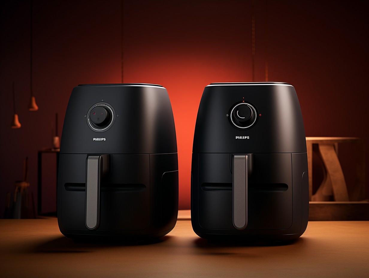 Comparison of two air fryers - one sleek and modern Philips model with a user-friendly touchscreen interface, and the other a robust Black and Decker with intuitive dial controls.