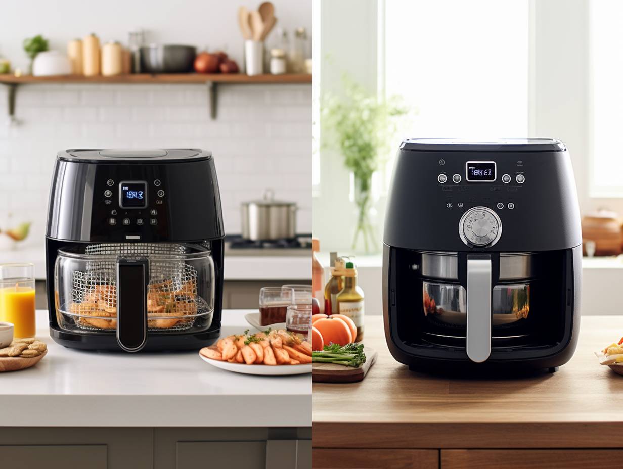 Two identical kitchens side by side with Philips and Black and Decker Air Fryers on the countertops