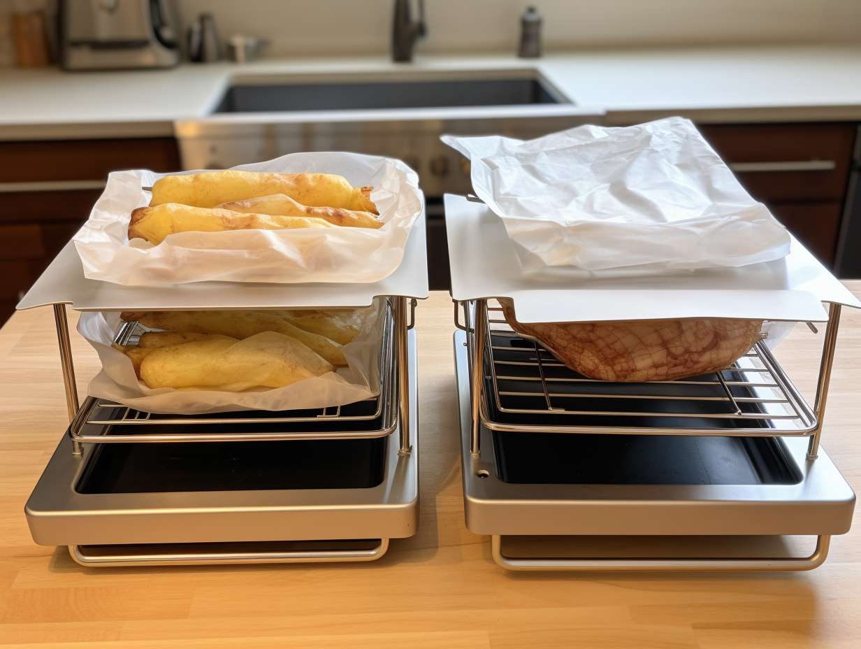 Two air fryer racks side by side, one lined with parchment paper and the other with aluminum foil.