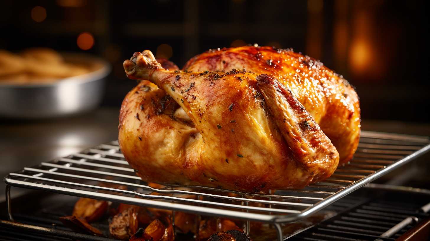 A golden-brown roast chicken with crispy skin, cooked to perfection, sitting on a stainless steel wire rack inside an air fryer.