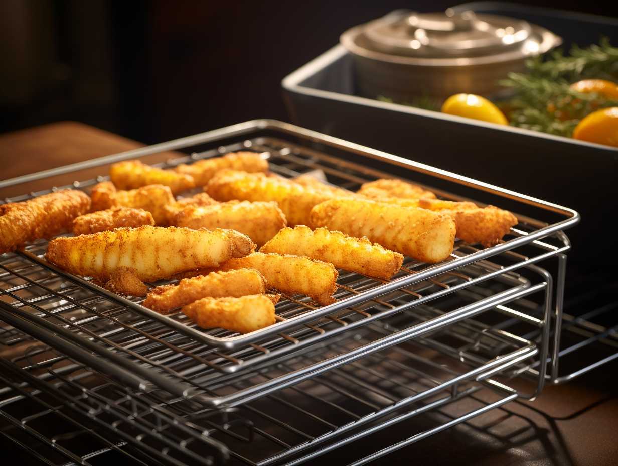 Crispy fries and golden chicken tenders resting on an oven-safe wire cooling rack, emanating heat waves.