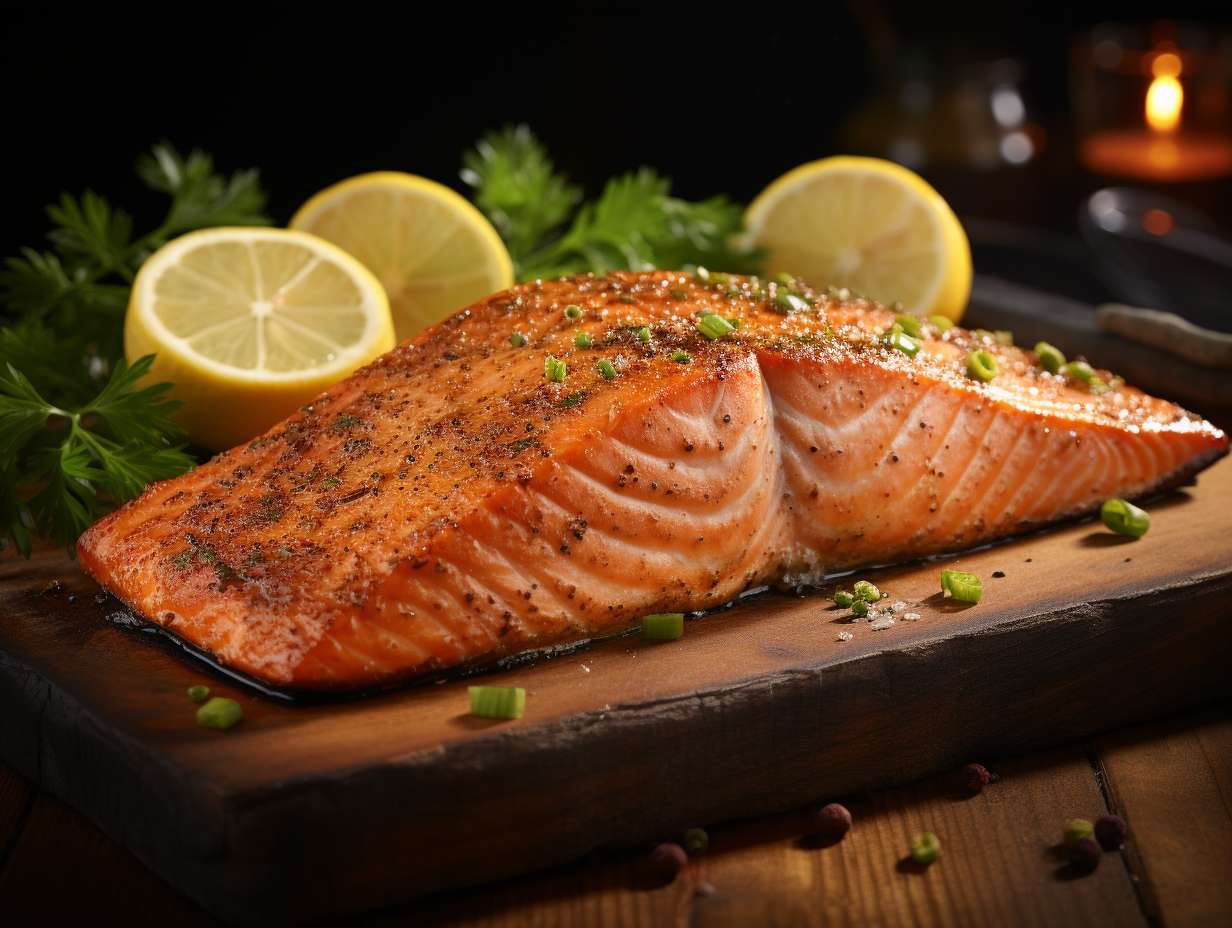 Close-up shot of a golden-brown, crispy salmon fillet emerging from an air fryer or oven, glistening with juicy tenderness. The delicate flakes of fish reveal a perfectly cooked interior, tantalizing your taste buds with its succulent aroma.