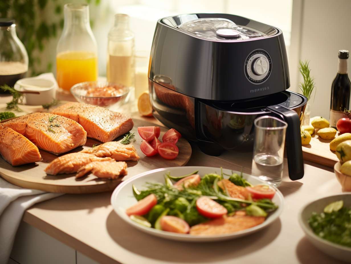 A sleek air fryer and baking tray side by side on a modern kitchen countertop, surrounded by fresh ingredients including salmon fillets, herbs, and colorful vegetables.