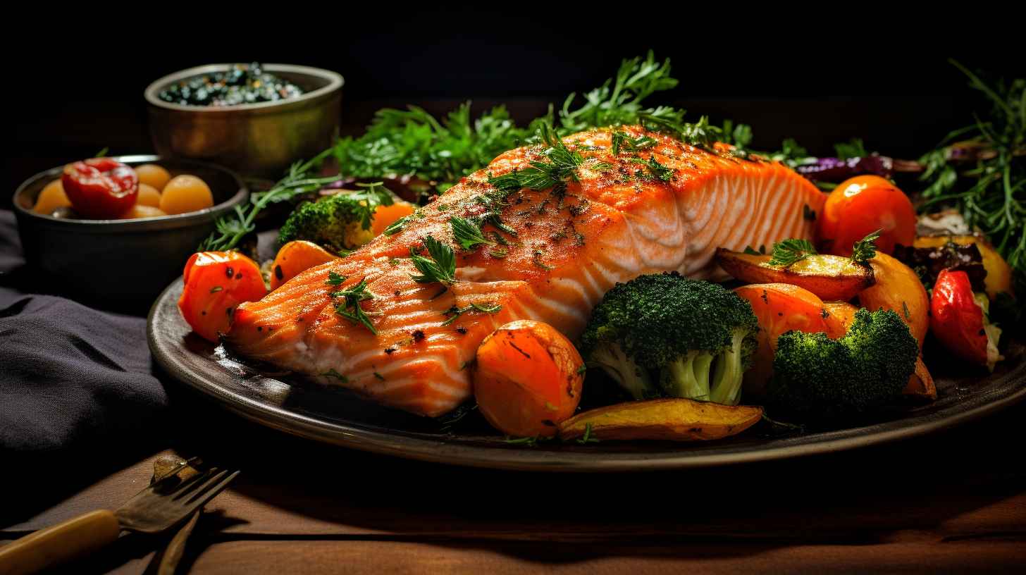 A succulent piece of salmon perfectly cooked in an air fryer or oven, with a golden crust, accompanied by vibrant roasted vegetables and a sprinkle of fresh herbs.