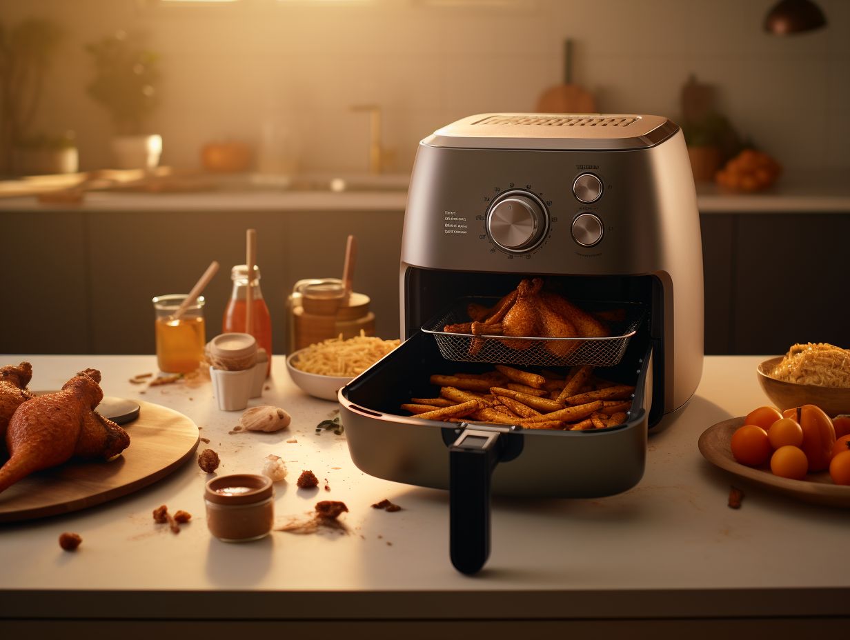 A comparison image showing the Air Fryer setting on one side with a golden-brown, crispy exterior, and the Bake setting on the other side with a moist, tender interior.