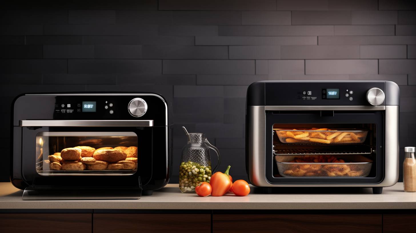 Side-by-side image of a sleek air fryer on the left and a traditional oven with baking trays and a temperature control panel on the right.