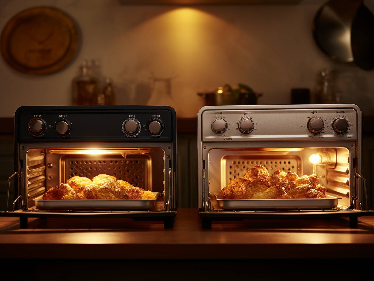 Two identical ovens side by side, one with a crisp and golden exterior from the air fryer setting, and the other with a soft and evenly baked texture from the bake setting.