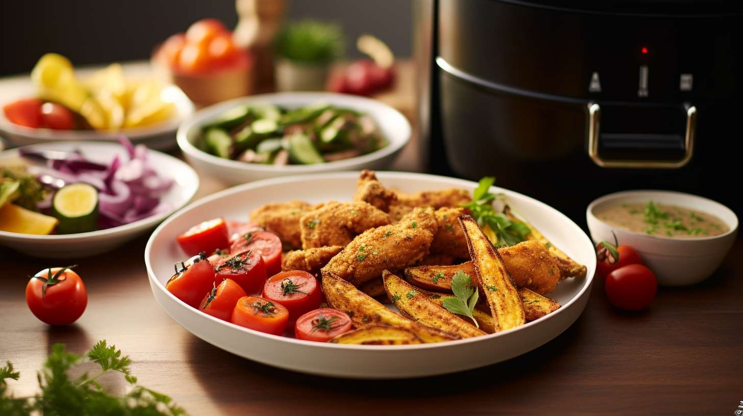 A delicious batch of golden crispy air-fried chicken tenders served with roasted vegetables and a tantalizing dipping sauce, prepared using Aldis versatile air fryer.