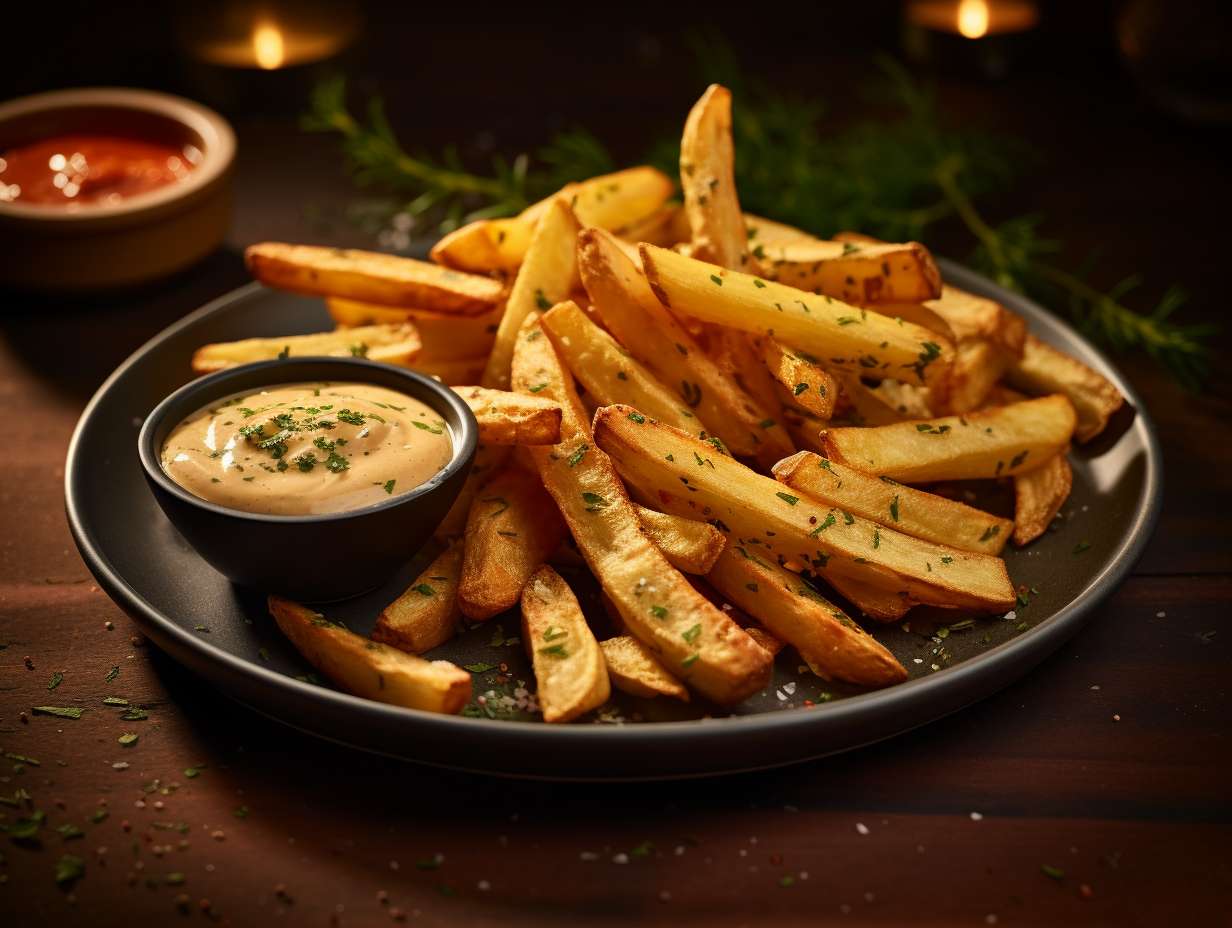 Golden crispy homemade French fries perfectly seasoned with herbs and spices, sizzling in the Aldi air fryer, arranged in a neat pile and served with a side of tangy dipping sauce.