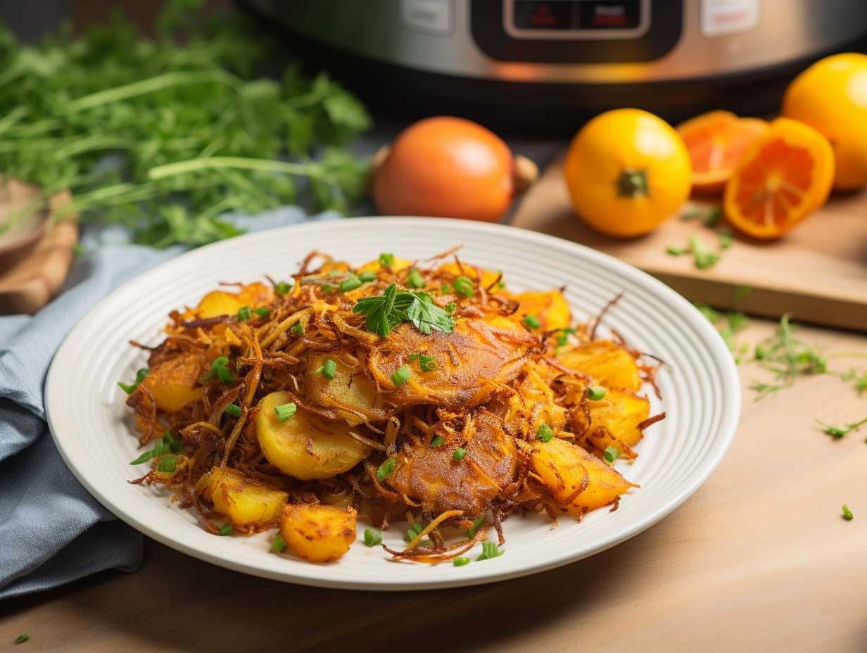 Golden crispy Sweet Potato Hash Browns nestled beside a colorful array of fresh herbs and spices, contrasting beautifully with vibrant orange hues of the potatoes.