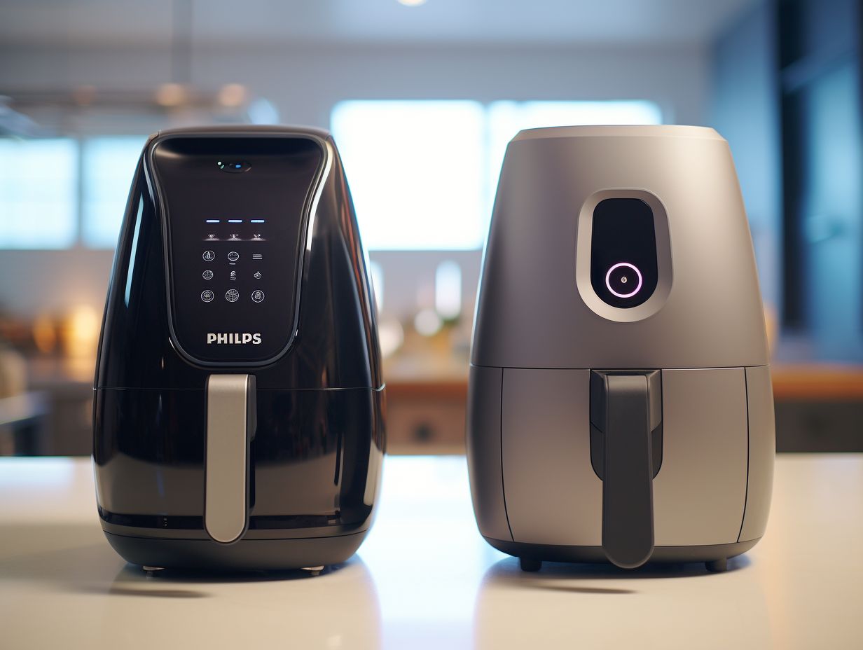 Side-by-side comparison of an Aldi Air Fryer and a Philips Air Fryer, showcasing their distinct features, durability, and performance, emphasizing price and value for money.