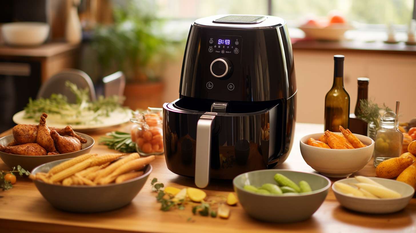 Side by side comparison of Aldi Air Fryer and Philips Air Fryer on a kitchen countertop, showcasing their distinct features including design, control panels, cooking baskets, and digital displays.