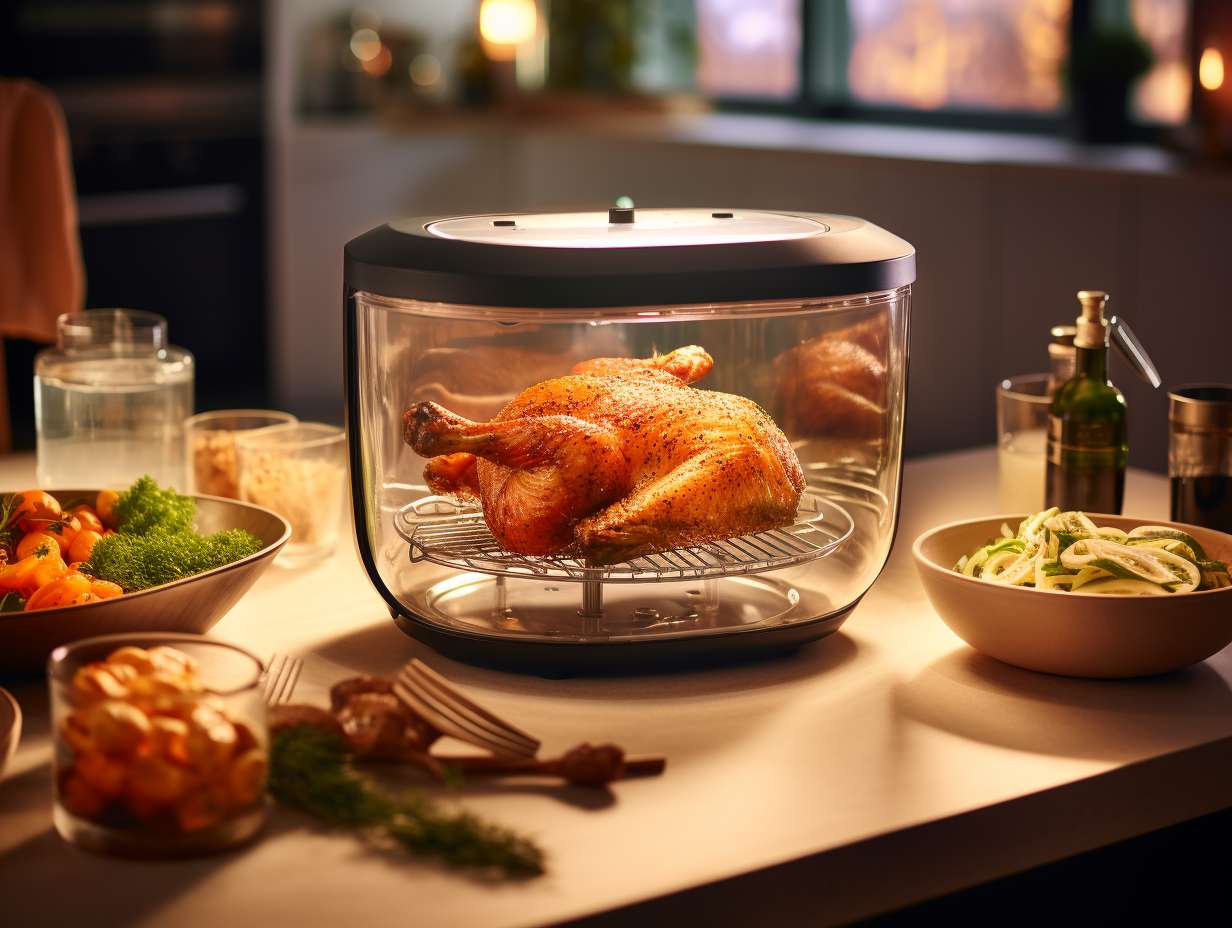 Heat-resistant glass bakeware being used in an air fryer, showcasing transparent and durable glass alongside deliciously crispy and evenly cooked food.