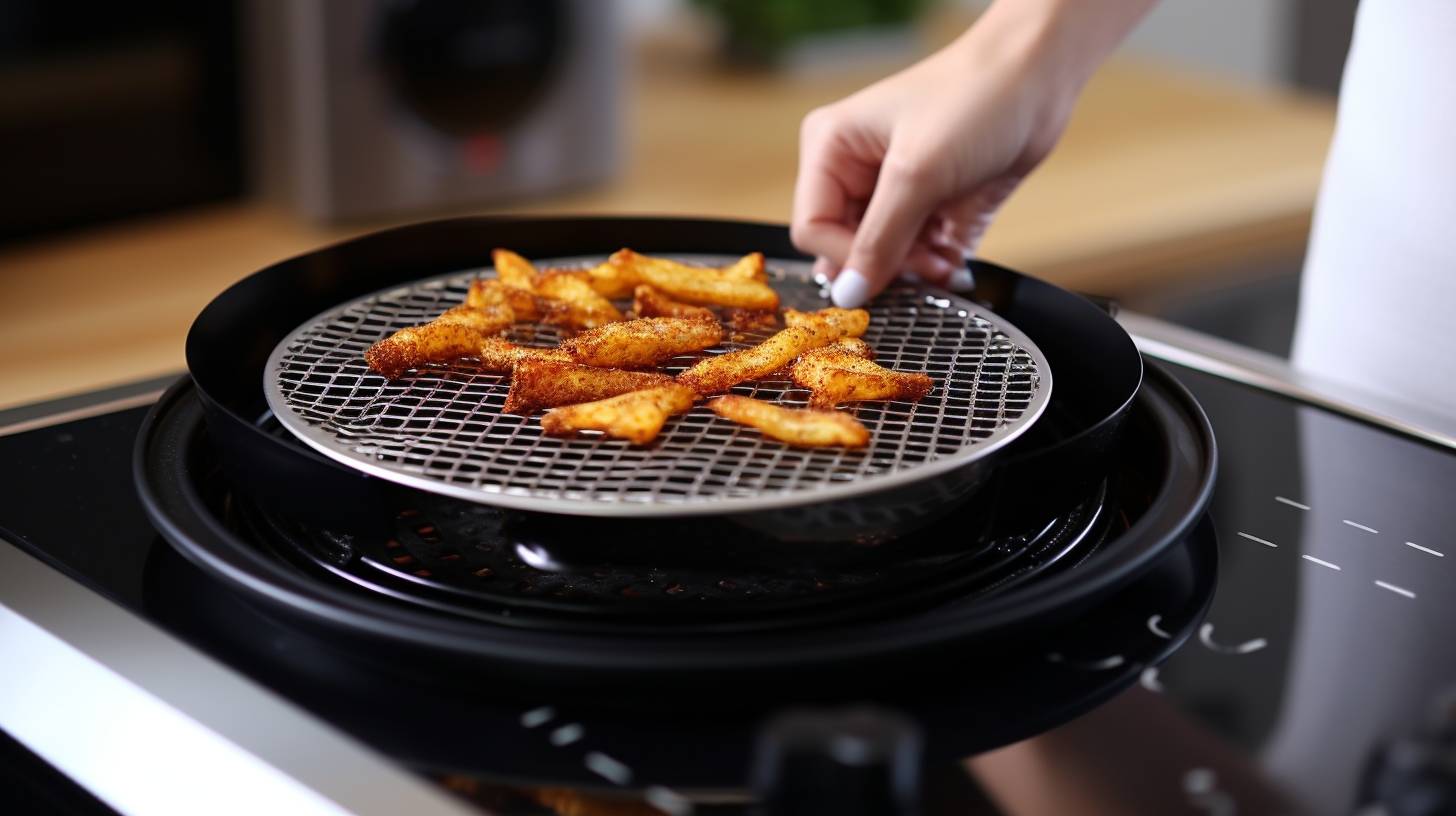 A sleek silicone air fryer mat with a non-stick surface, perfectly fitting inside the air fryer basket. It is heat resistant and versatile.