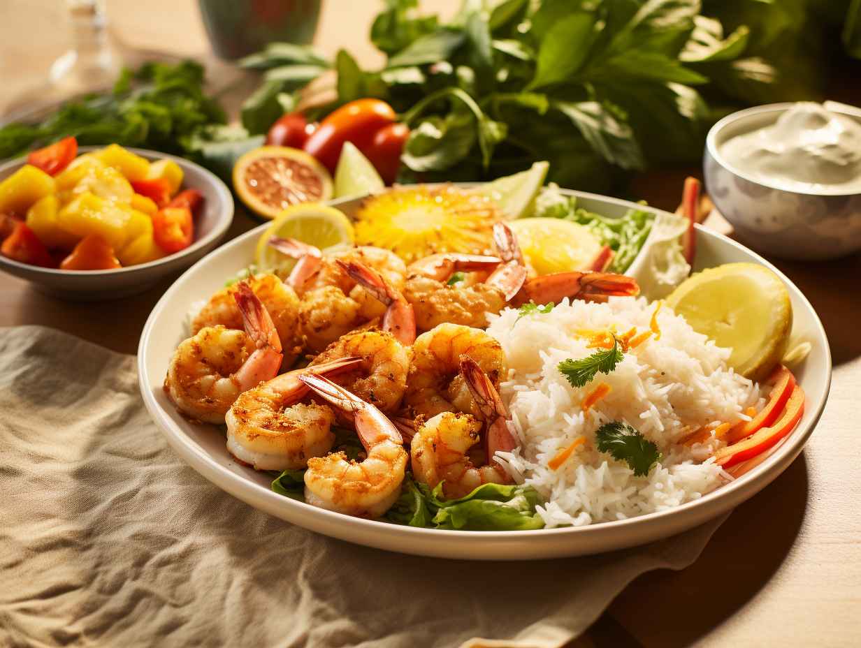 A close-up image of an air fryer filled with golden, crispy coconut shrimp, surrounded by a colorful assortment of perfectly air-fried tropical vegetables, all glistening with a hint of luscious coconut oil.