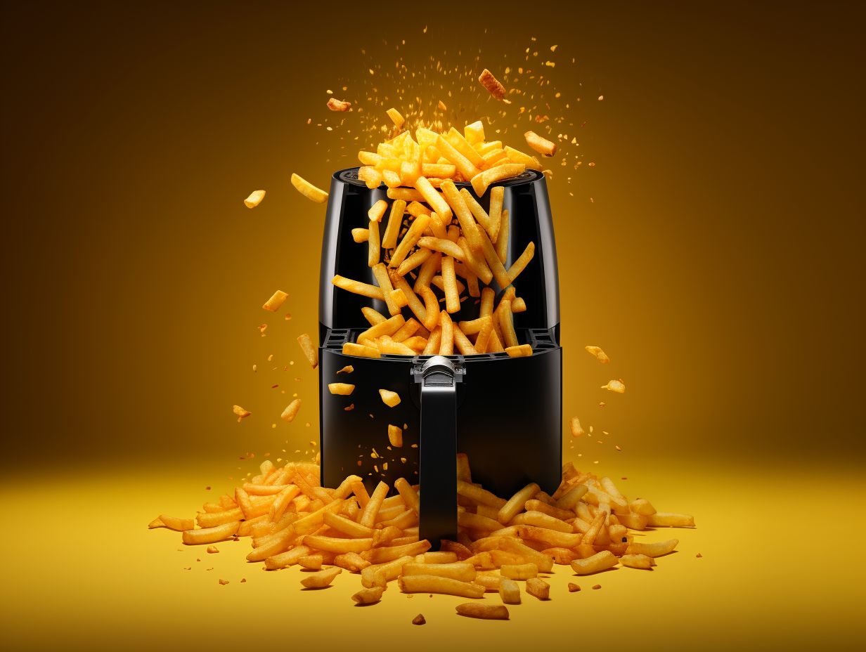 A sleek, modern air fryer with a built-in non-stick coating releasing a burst of vibrant, golden fries effortlessly, replacing the need for cooking spray.