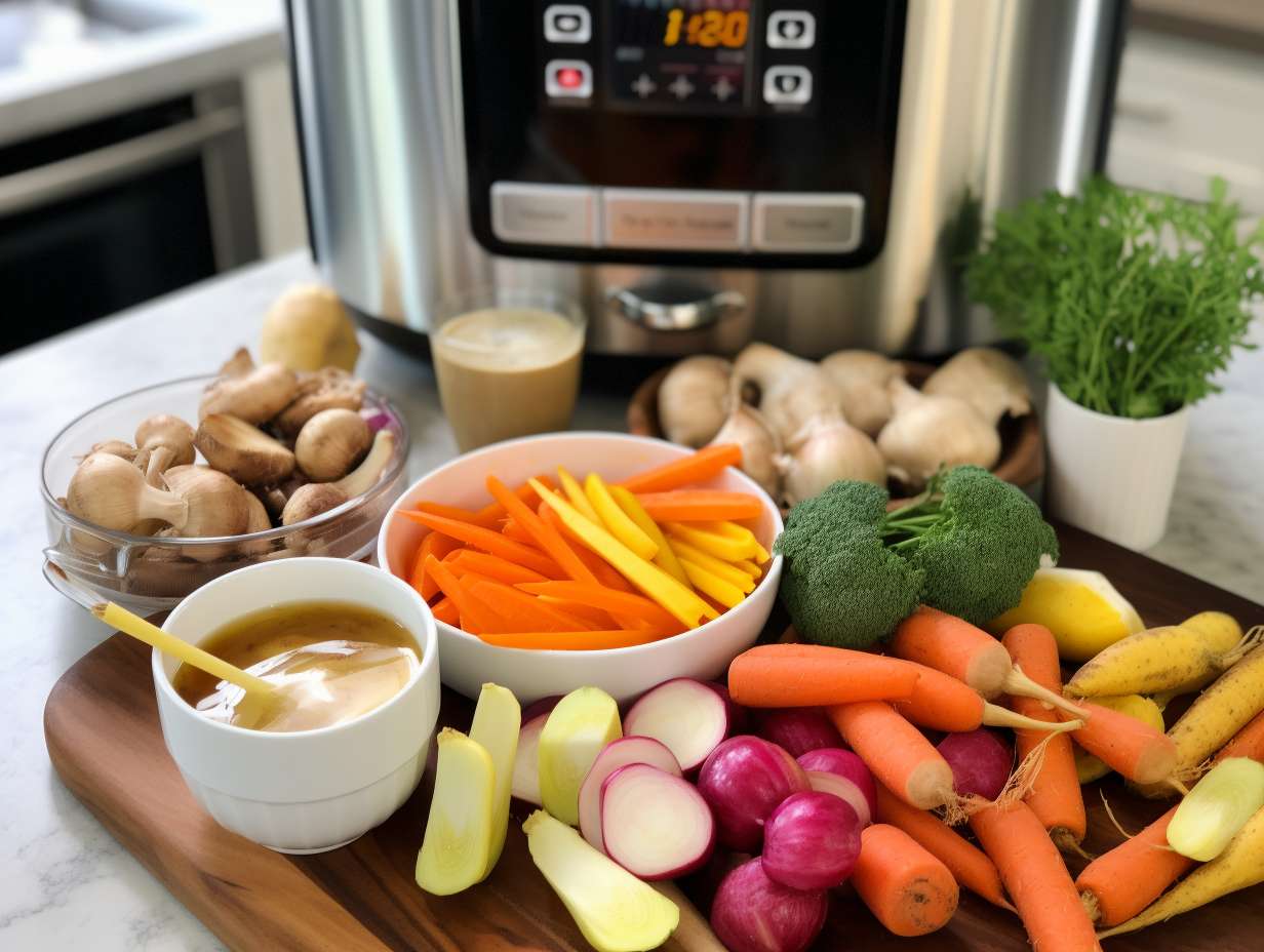 A colorful array of veggies glistening with moisture from vegetable broth, cooked in an air fryer as a healthier alternative to oil.