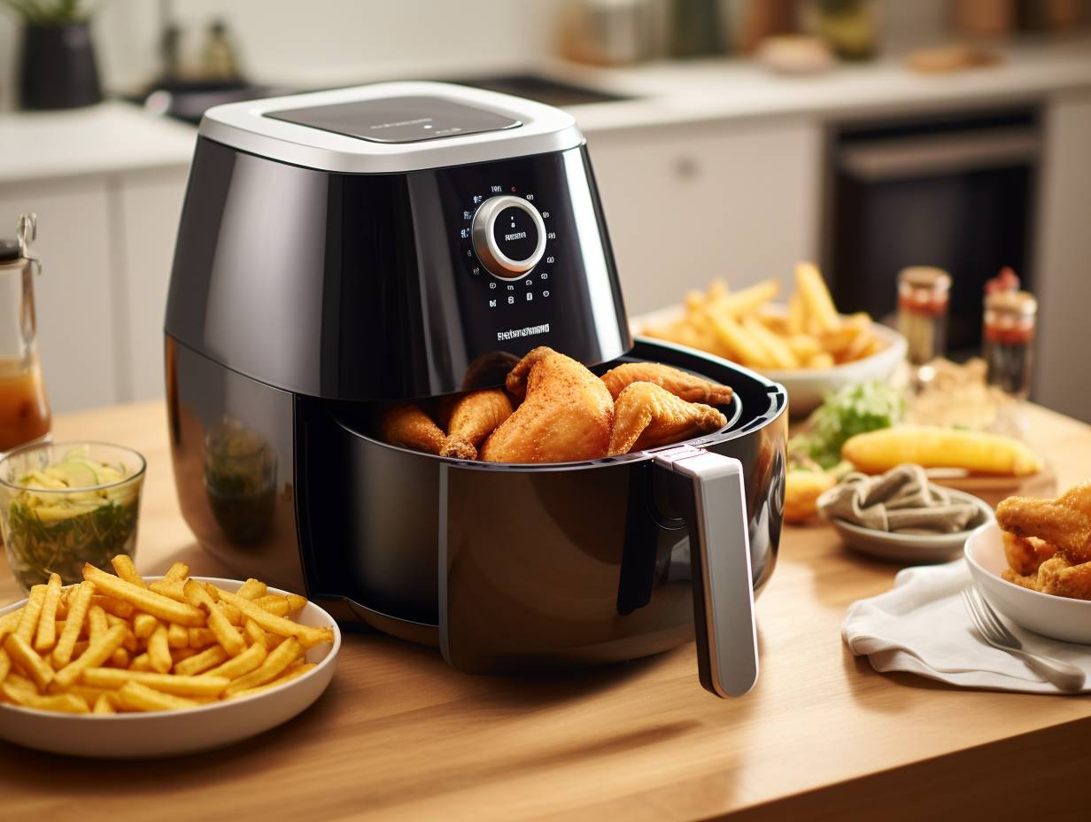 Instant Vortex Air Fryer - Sleek stainless steel exterior with intuitive touch controls, large digital display, and a cooking basket filled with golden crispy fries, juicy chicken wings, and mouthwatering vegetables.