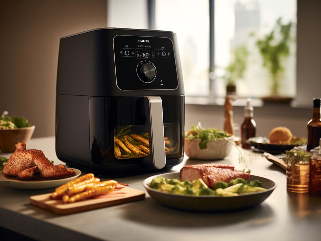 Anko Air Fryer and Philips Air Fryer side by side, showcasing their unique features and accessories. Anko Air Fryer with rotating skewer attachment and Philips Air Fryer with digital touchscreen control panel and multiple cooking presets.