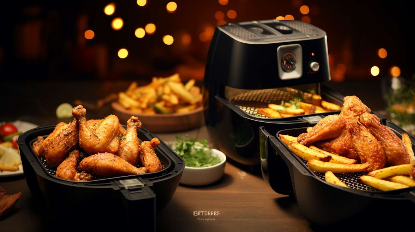 Comparison of cooking performance and results between Anko Air Fryer and Philips. Sizzling golden-brown french fries, crispy chicken wings, and perfectly grilled vegetables side by side.