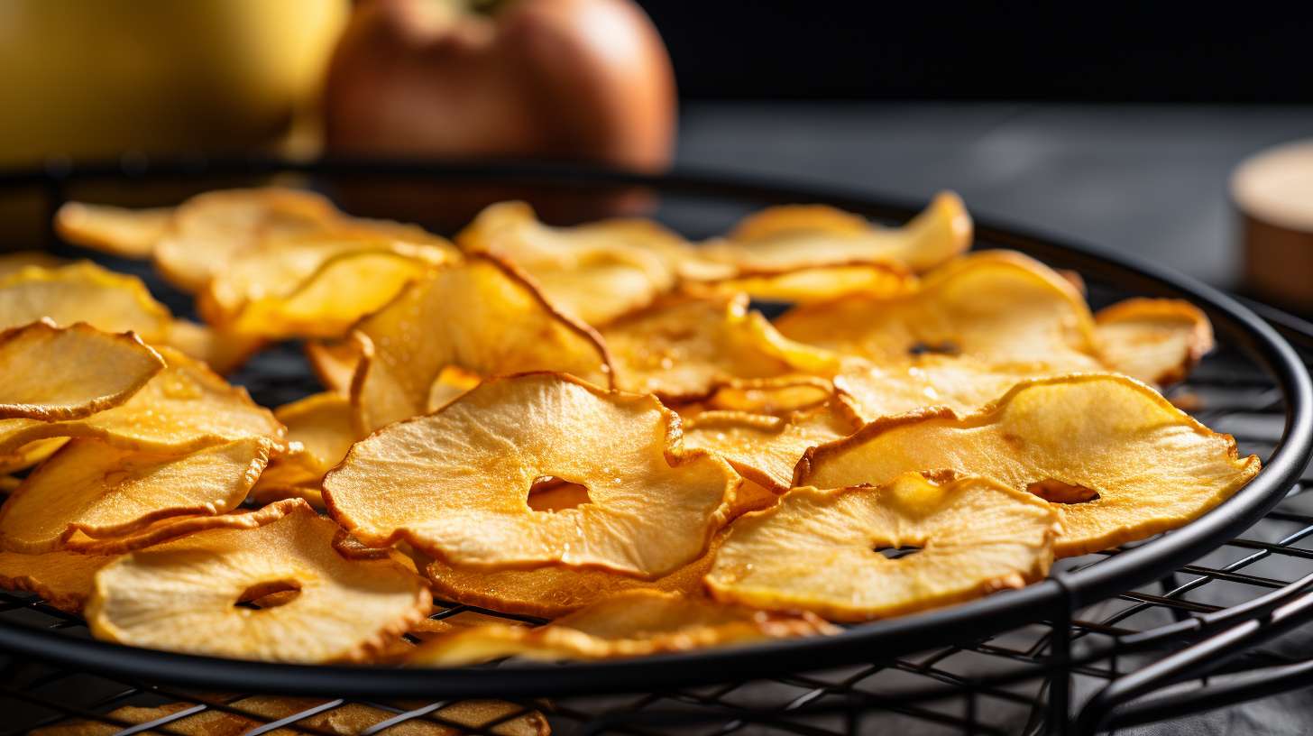 Close-up of perfectly golden apple chips, showcasing their captivating crispness and even slices. Some chips are laid out on a cooling rack, while others rest in a dehydrator tray or air fryer basket.