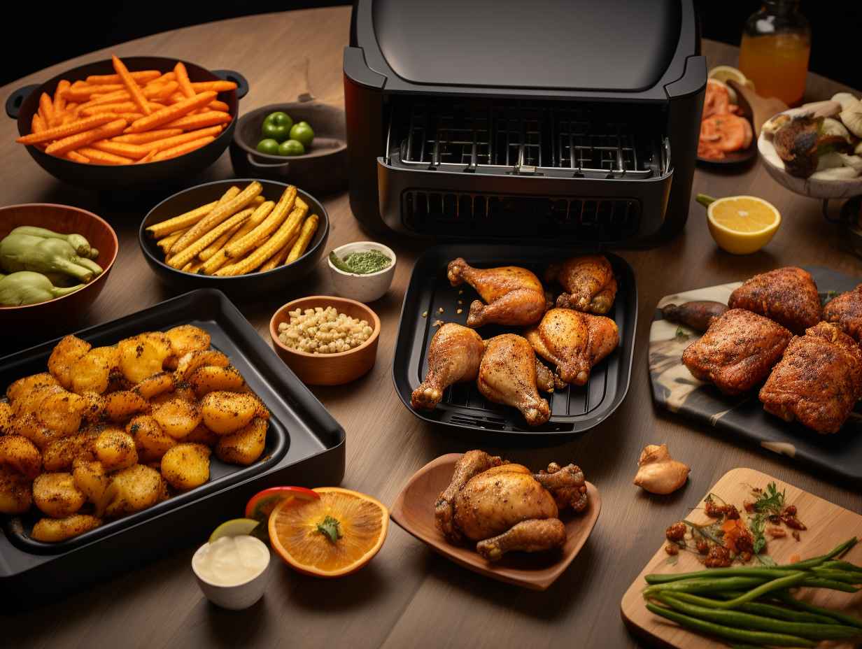 Air fryer accessories including baking pans, skewers, and grill racks fitting seamlessly into different air fryer models of various sizes and brands, demonstrating their universality.