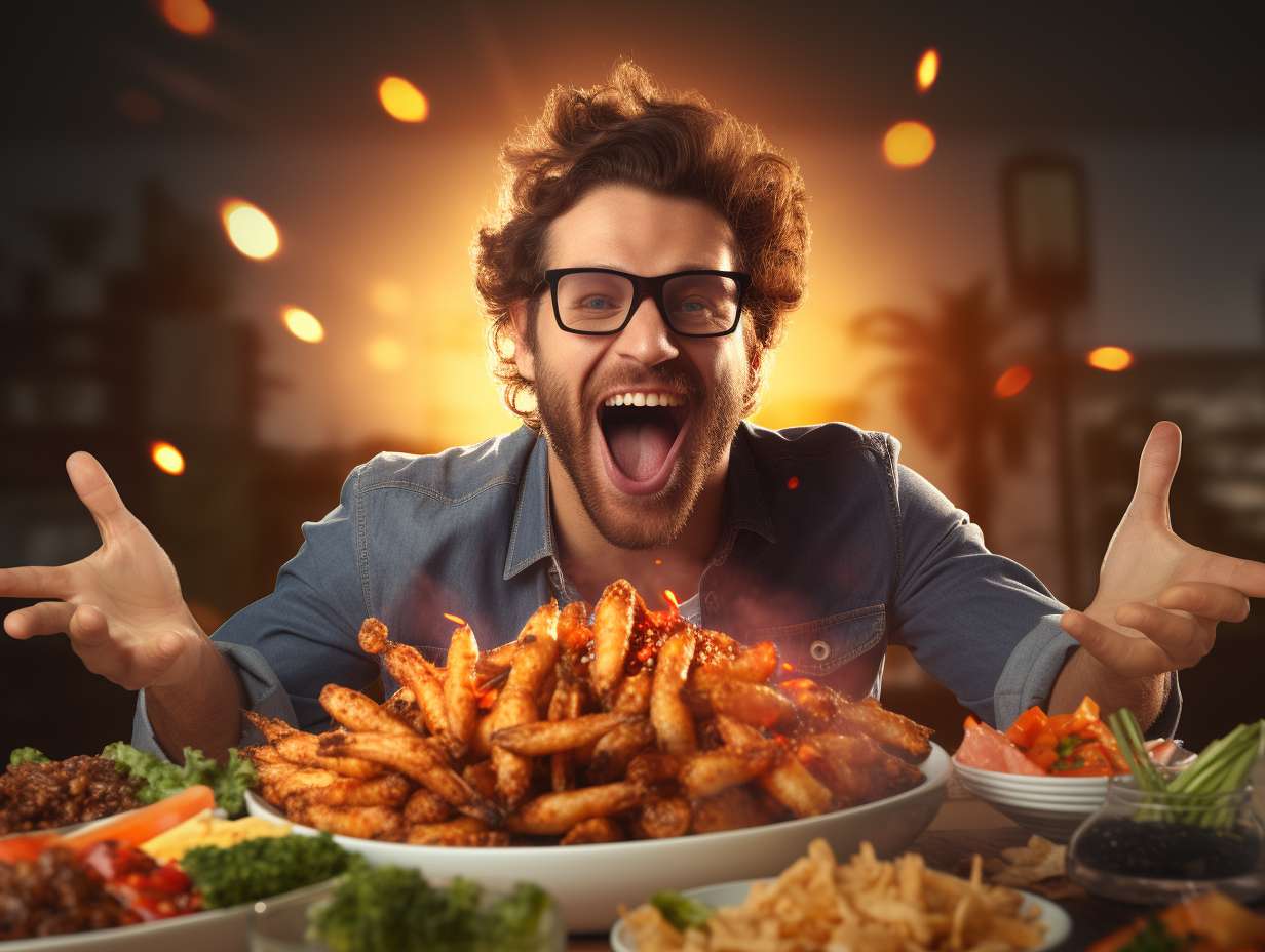 A person happily eating crispy, golden air fryer chicken wings surrounded by a balanced meal with colorful vegetables.