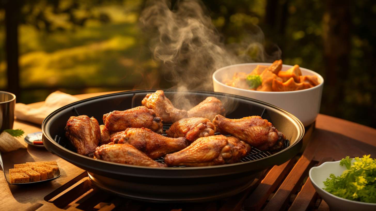 Plate of crispy air fryer chicken wings, glistening with a golden-brown hue.