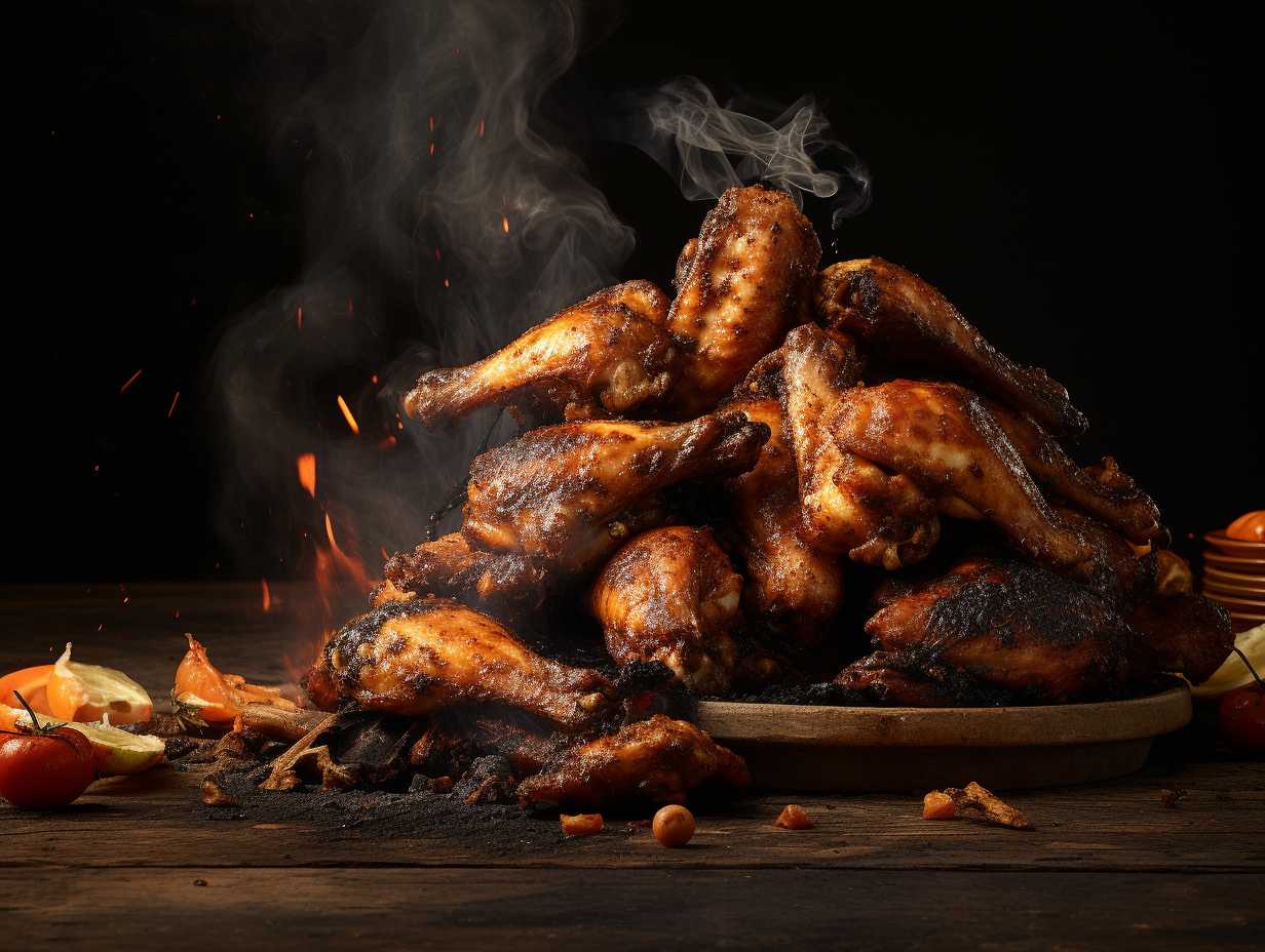 Pile of overcooked, charred air fryer chicken wings with a burnt and dry appearance, coated in excessive oil.