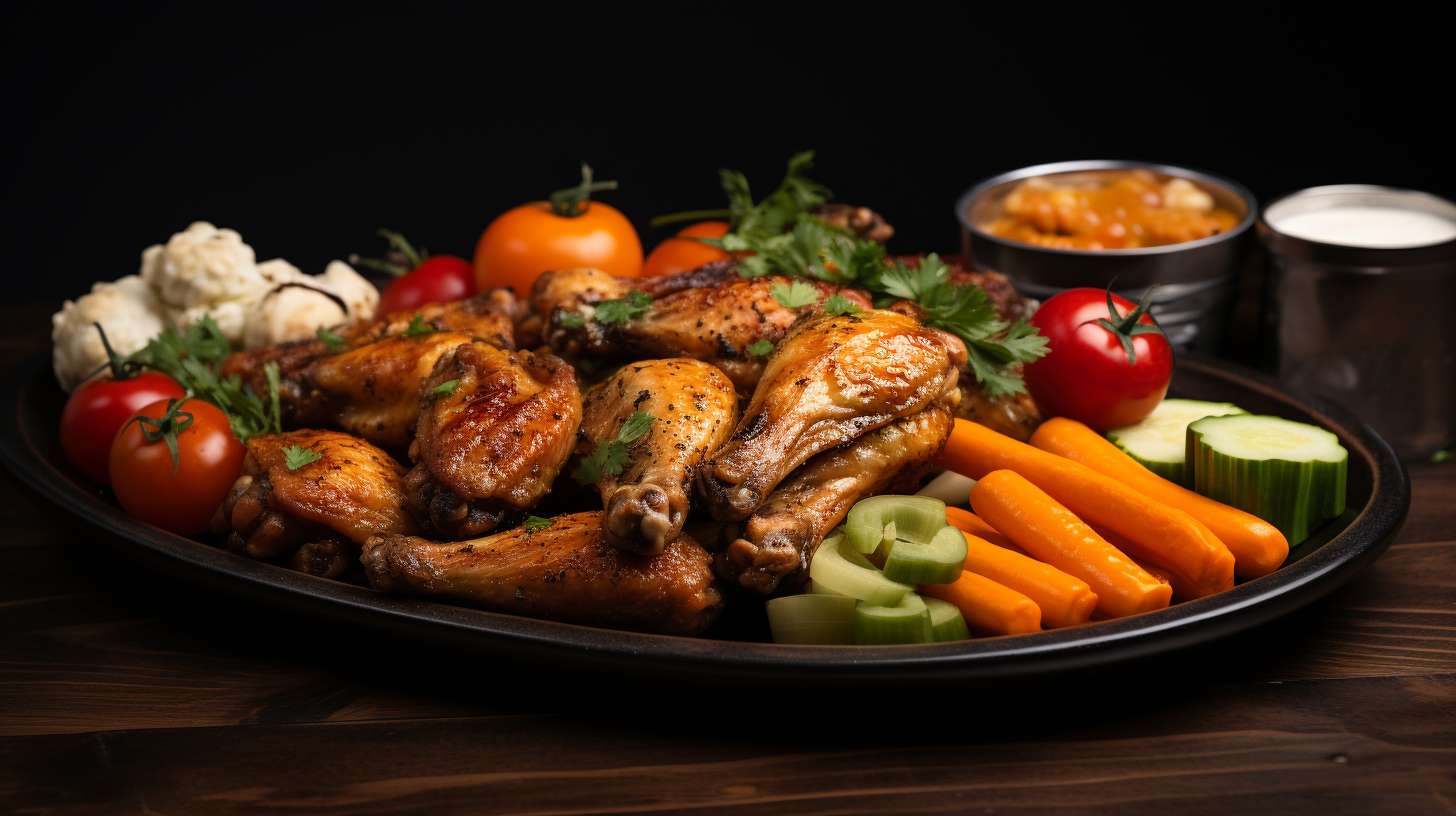 Platter of crispy air-fried chicken wings served with fresh vegetables, raising the question of their healthiness.