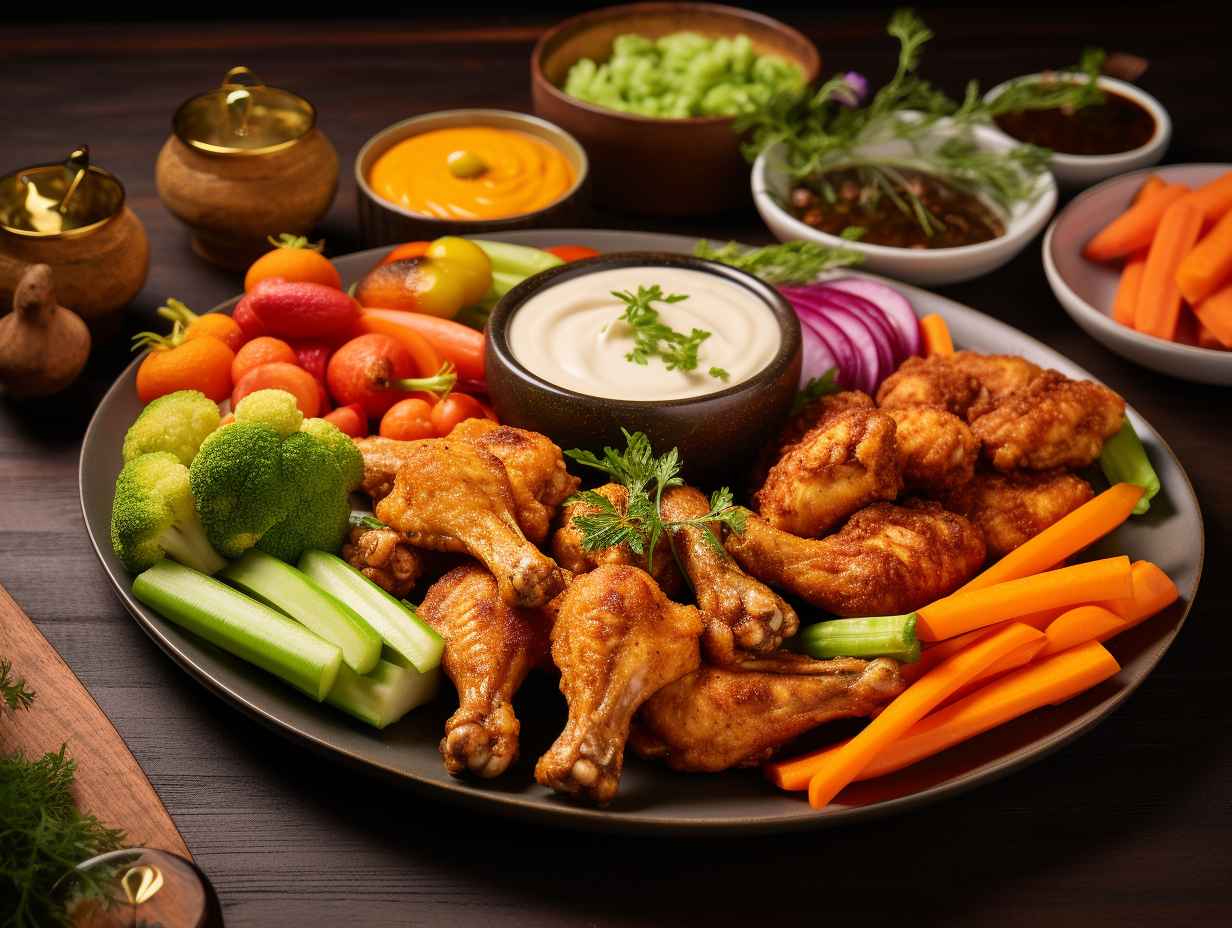 Plate of golden, crispy air fryer wings accompanied by fresh vegetables and a side of homemade, low-fat dipping sauce.