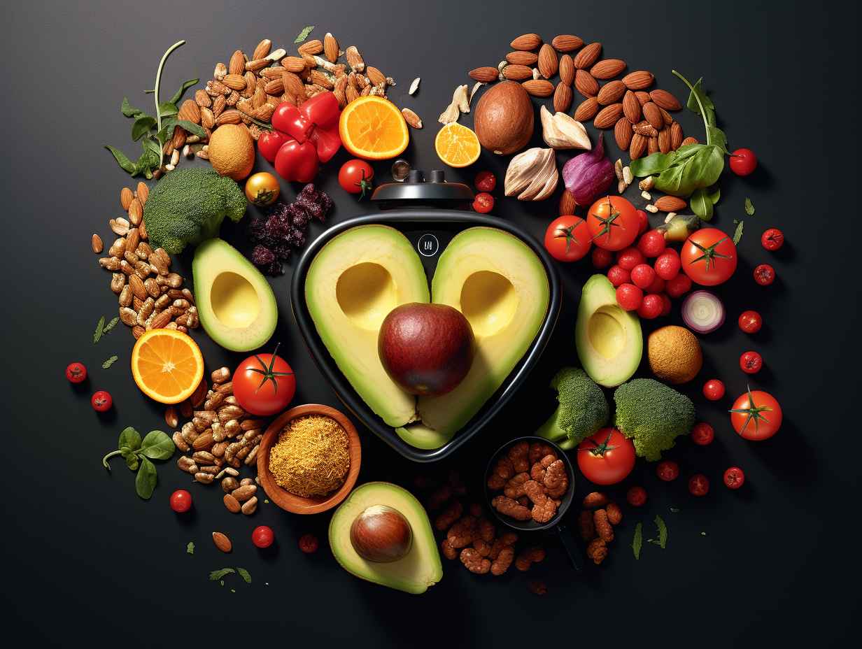 Heart-shaped air fryer surrounded by healthy, cholesterol-lowering foods like avocados, salmon, and nuts with vibrant colors and clear contrast.