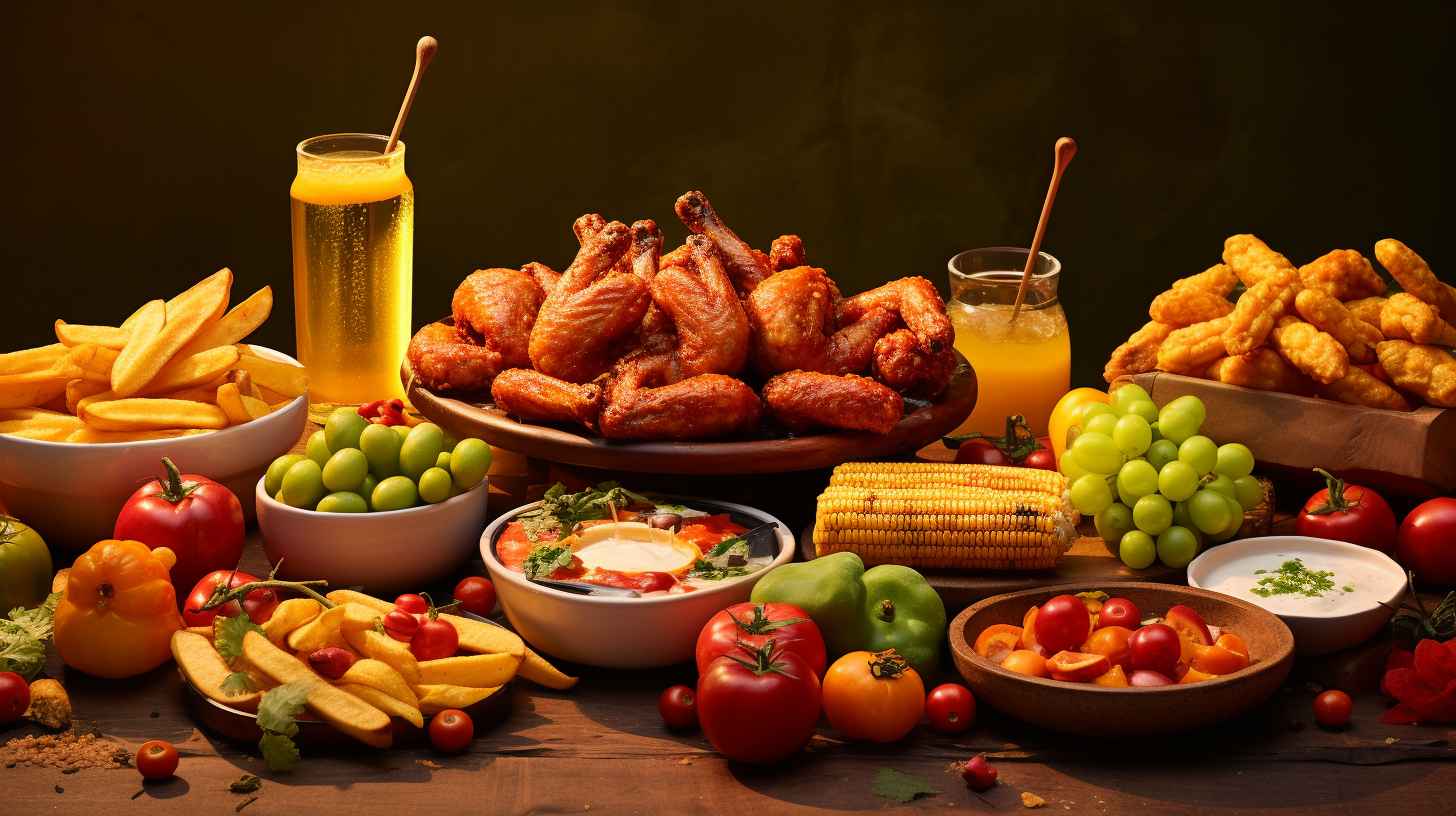 A mouthwatering spread of perfectly golden and crispy air-fried foods, including fries, chicken wings, and onion rings, surrounded by a vibrant array of fresh fruits and vegetables.