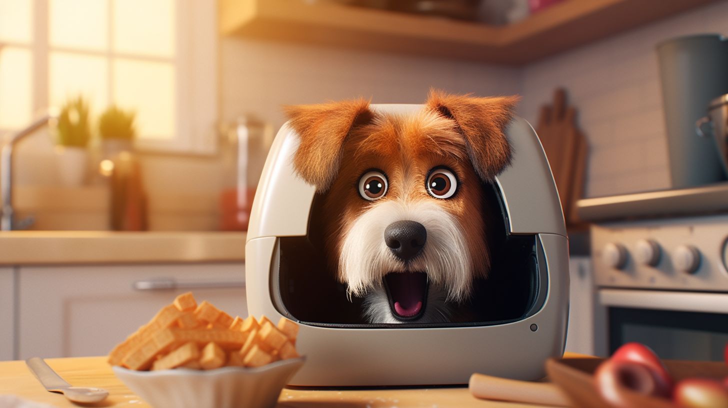 A concerned dog owner peering into an air fryer filled with crispy dog treats, as their loyal pup watches with a worried expression, highlighting the potential dangers for our furry friends.