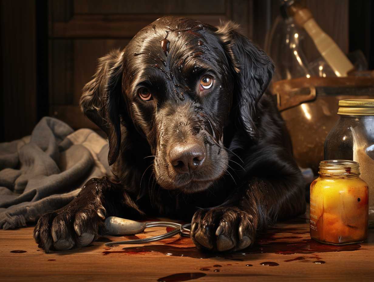 A distressed dog with a sad expression, surrounded by oil and grease spills near an air fryer, highlighting the harmful effects of oil and grease on their well-being.