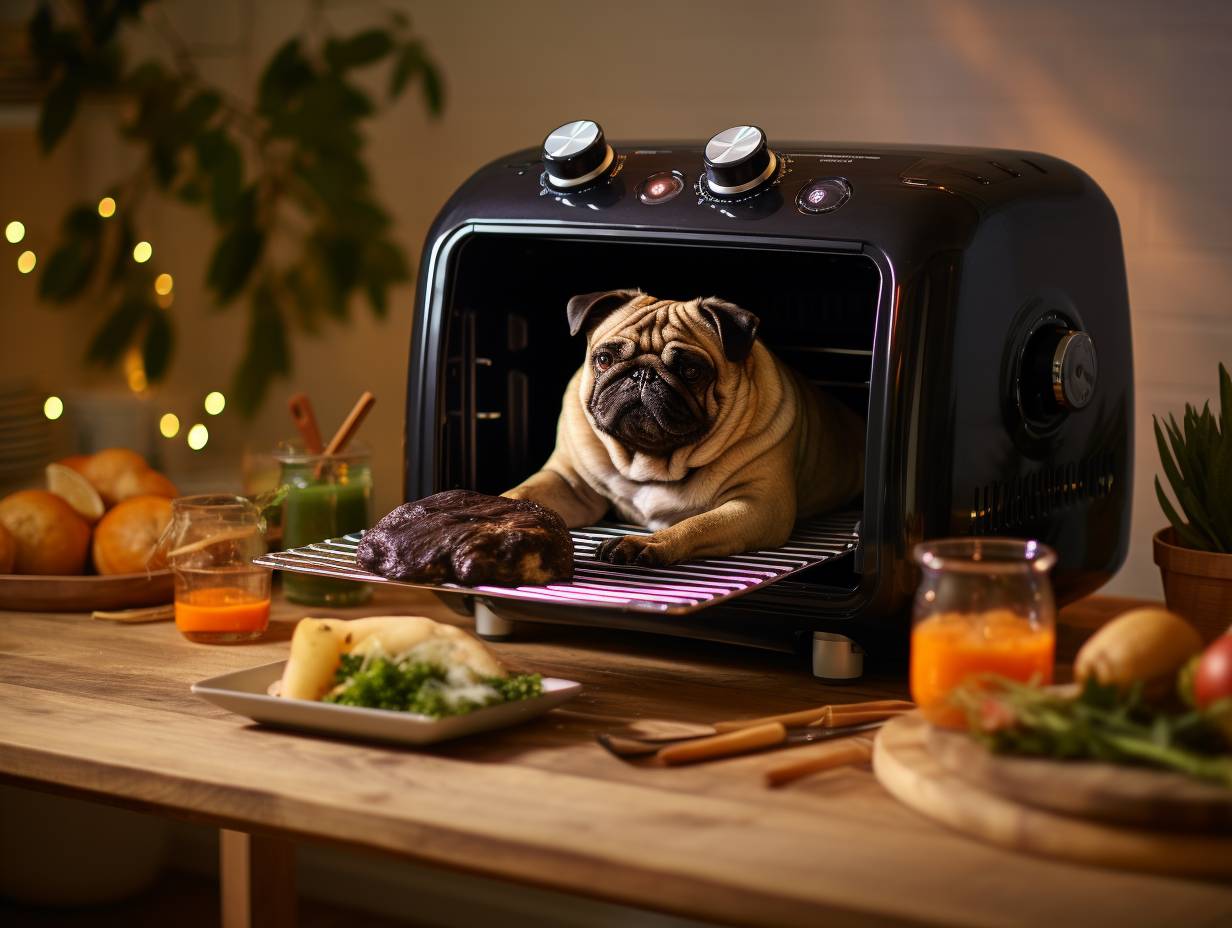 A happy dog owner confidently prepares a delicious, dog-friendly meal using a variety of safe cooking methods like steaming, baking, and grilling, showcasing the versatility and health benefits of these alternatives to air fryers.