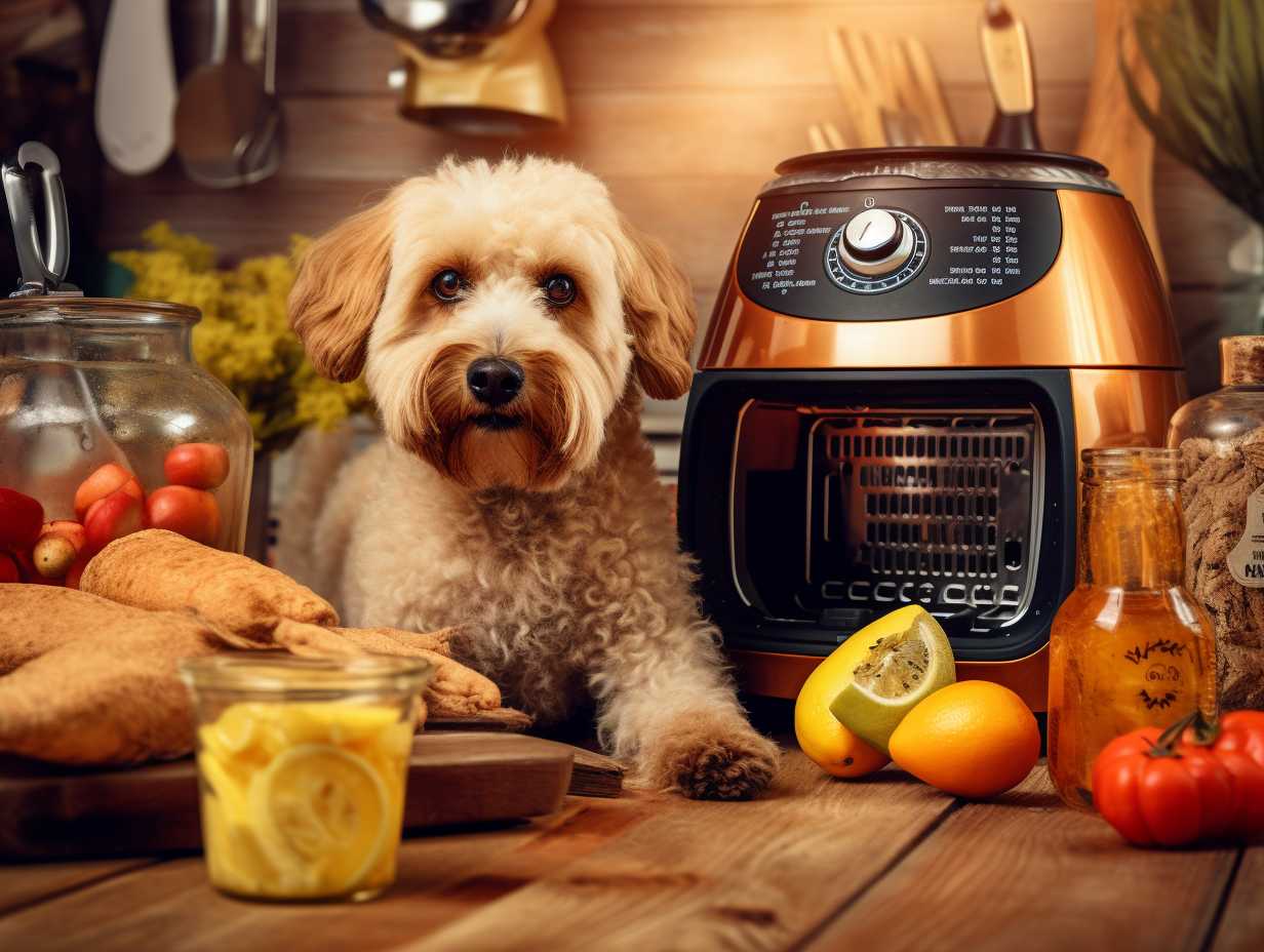 A worried dog owner looking at an air fryer with a list of toxic foods and seasonings next to it, expressing concern for the potential harm these items can pose to dogs.