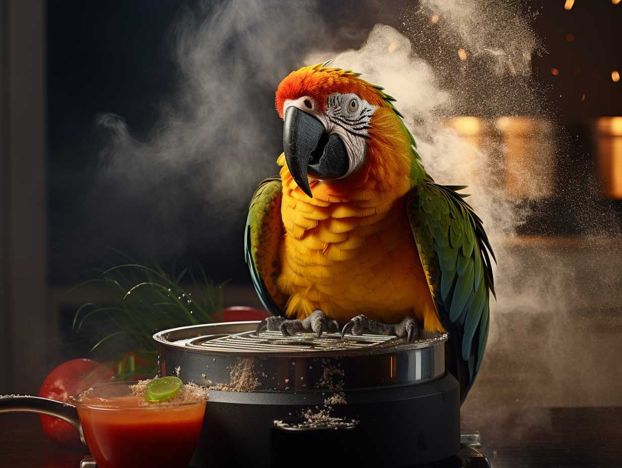 A parrot perched on a lush tree branch with an air fryer emitting smoke and unhealthy fumes in the background.