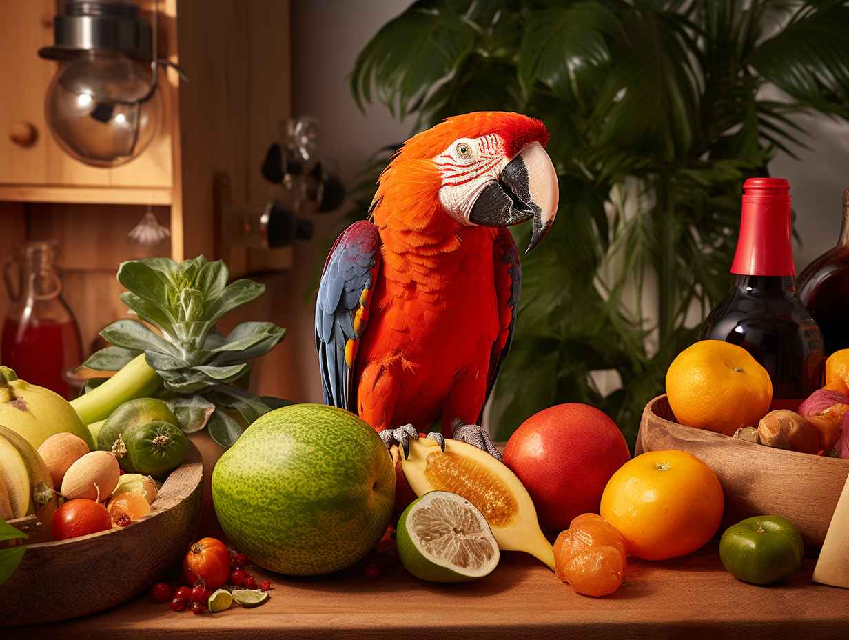 A colorful parrot perched on a wooden branch surrounded by a variety of vibrant fruits and vegetables. Nearby, there is an oven, stovetop, and steamer, showcasing parrot-safe alternatives to air fryers.