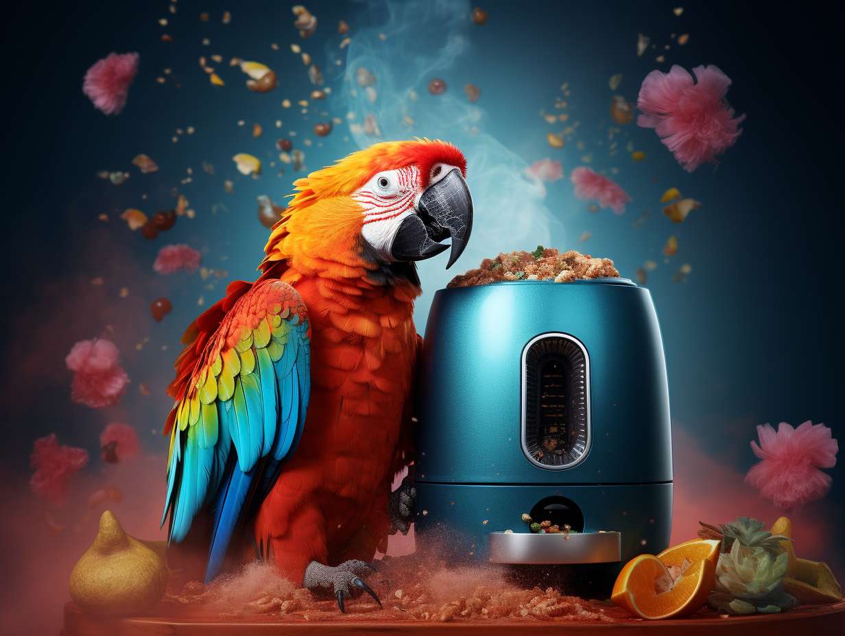 A vibrant parrot perched near an air fryer, with disheveled and dull feathers, symbolizing the negative impact of fumes on its colorful plumage.