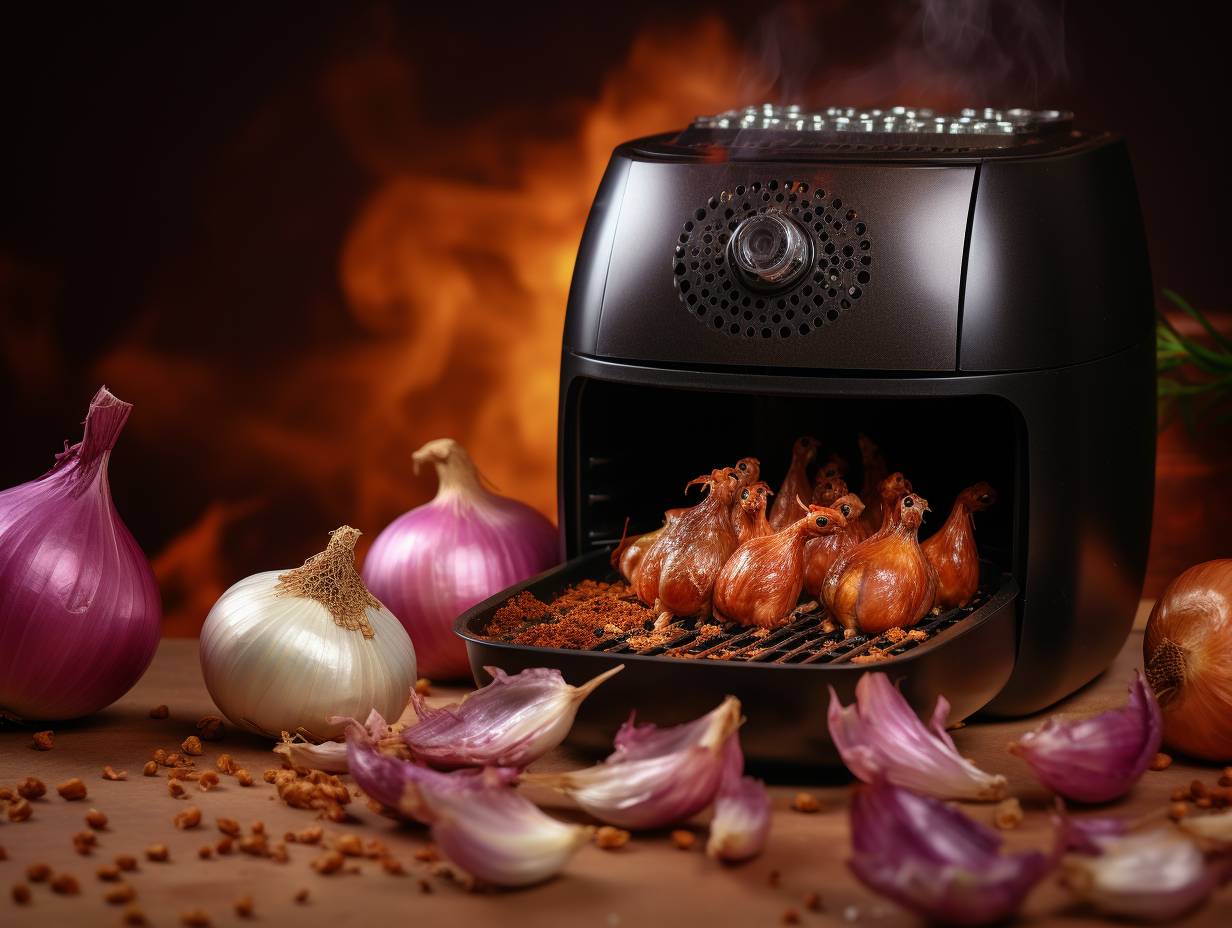 Close-up view of an air fryer filled with onions, garlic, and chocolate, highlighting the risks associated with air fryer cooking for pets.