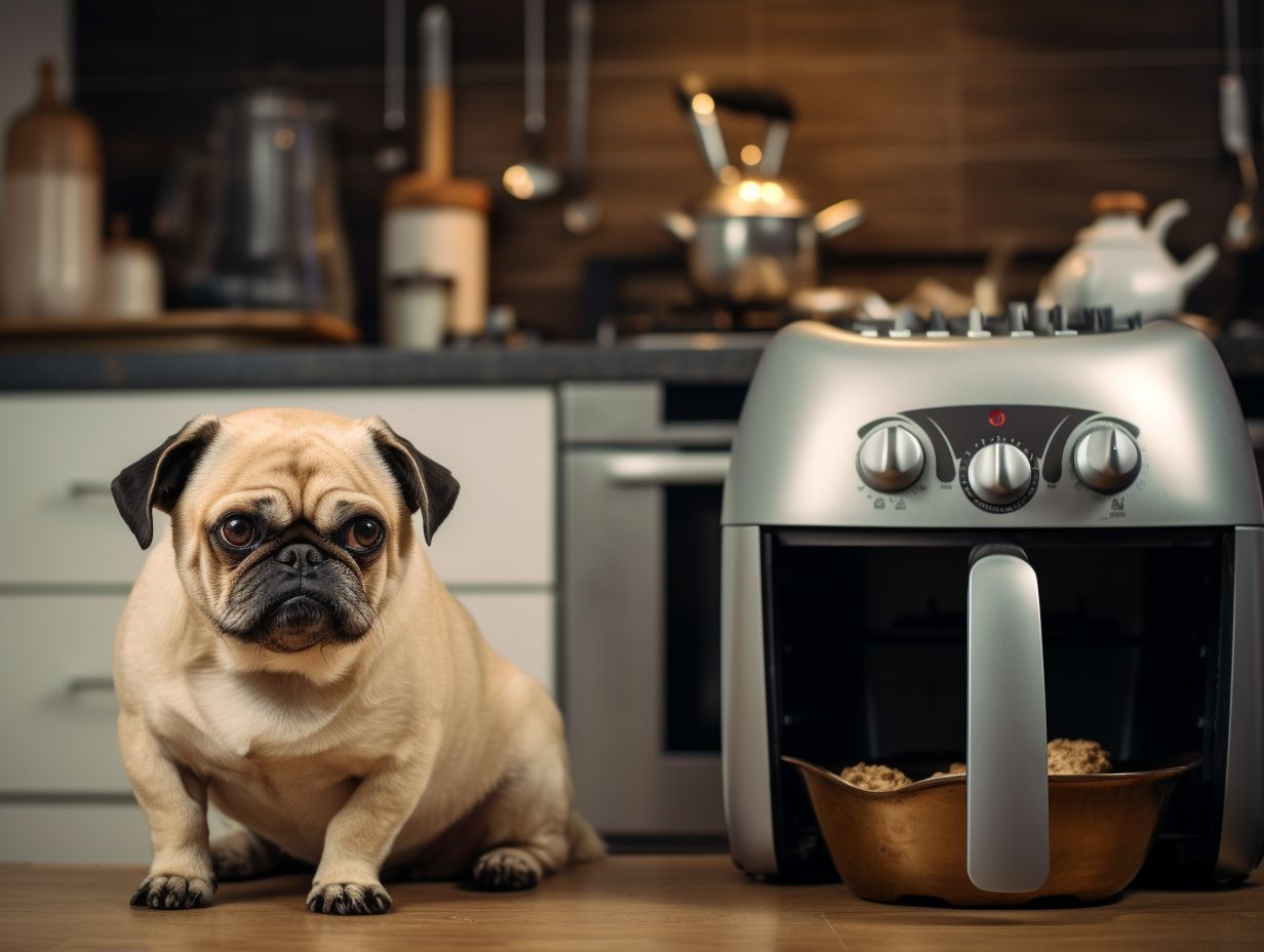 A concerned pet sitting beside an air fryer, with flattened ears, tail tucked between its legs, and wide eyes showing fear or anxiety.
